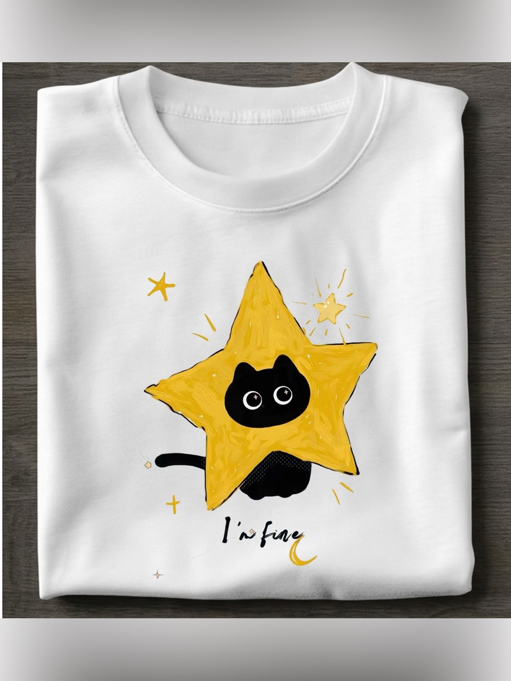 Gildan White Tee with Yellow Star & Black Cat Graphic